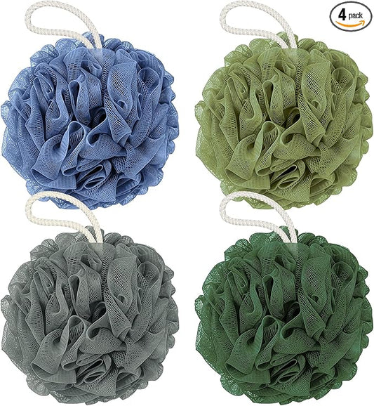 Rnoafmu Shower Loofah Bath Sponge, 60G Loofah Exfoliating Body Scrubber, 4 Color Mesh Shower Pouf Balls for Body Wash (Blue Gray Green Dark Green)