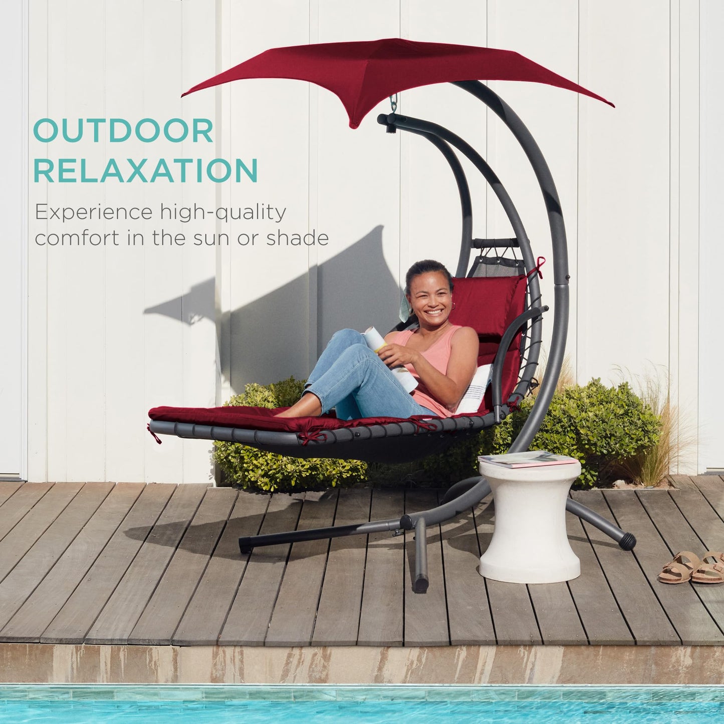 Best Choice Products Outdoor Hanging Curved Steel Chaise Lounge Chair Swing w/Built-in Pillow and Removable Canopy - Burgundy