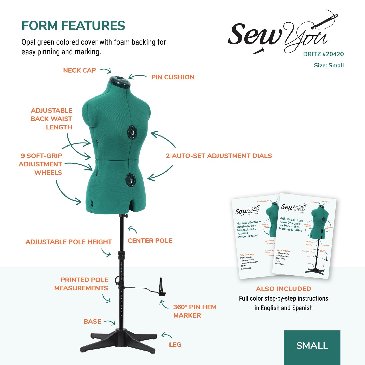 Dritz Sew You Adjustable Dress Form - Small/Medium Sizes US 4-12 - Female Clothing Mannequin for Sewing, Fitting, and Draping - Pinnable Sewing Mannequin with 12 Dials for Fitting + 360 Hem Guide