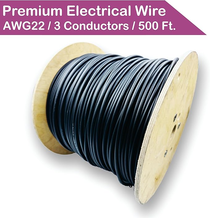 NATIONAL Wire & Cable – 22 AWG 3-Conductor Premium Copper Wire, 500 ft, Stranded | Made in USA, Flexible Jacket | Electronics, Alarms, Signal Wiring, DIY, Indoor and Outdoor Use