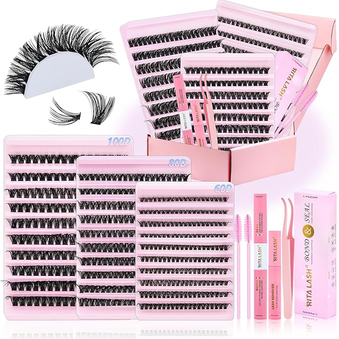 Lash Clusters Kit for Beginners Eyelash Clusters Kit Cluster Eyelash Extensions Lashes Clusters Kit Lash Extension Kit+Lash Bond&Seal,Remover,Tweezers,Brush(60D+80D+100D Lash Kit)