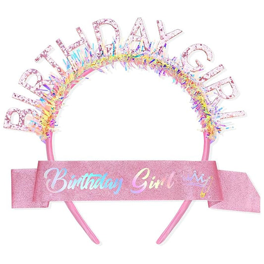 CIEHER Pink Birthday Girl Headband & Birthday Sash for Women Girls Decorations & Party Favors