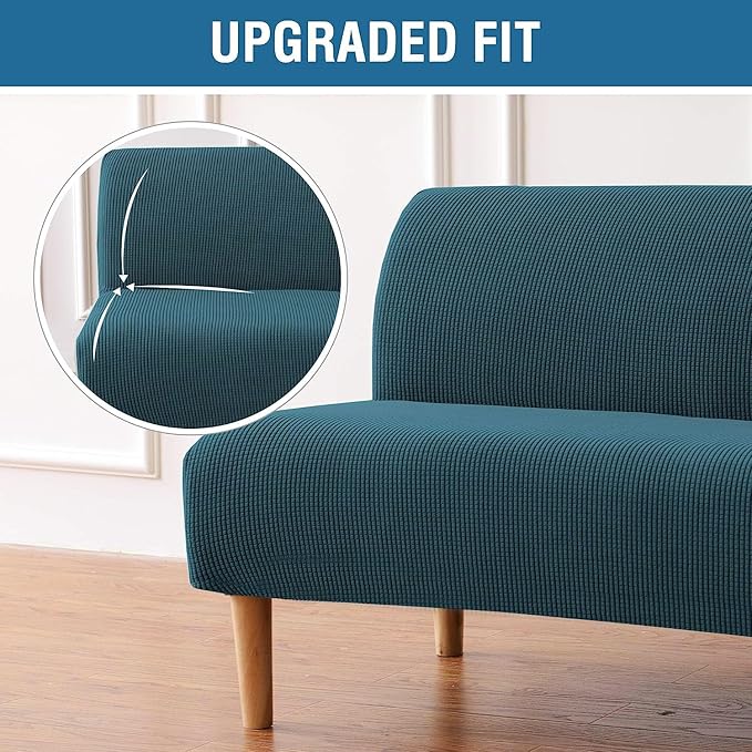 H.VERSAILTEX Armless Futon Cover Stretch Sofa Bed Slipcover Protector Elastic Feature Rich Textured High Spandex Small Checks Jacquard Fabric Futon Cover, Machine Washable, Deep Teal
