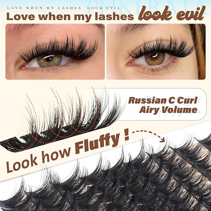 PHKERATA 12-14-16mm Fluffy Lash Clusters Wispy Eyelash Clusters for Volume, C Curl Fairy Cluster Eyelash Extensions, DIY Individual Lashes with Soft Thin Band