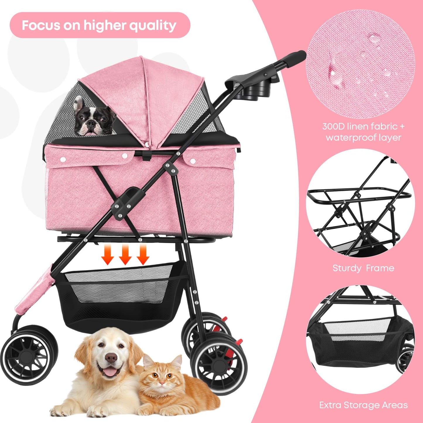 Pet Stroller,Dog Stroller for Small Medium Dogs Cats,3 Wheels,Foldable,with Breathable Mesh Canopy,Cup Holders,Easy Assembly,Pink