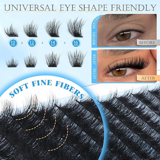 PHKERATA Wispy Lash Clusters Fluffy Eyelash Clusters for Volume, Fairy Cluster Eyelash Extensions DIY C Curl Individual Lashes with Soft Thin Band for Natural Look, 120Pcs, 10-16mm