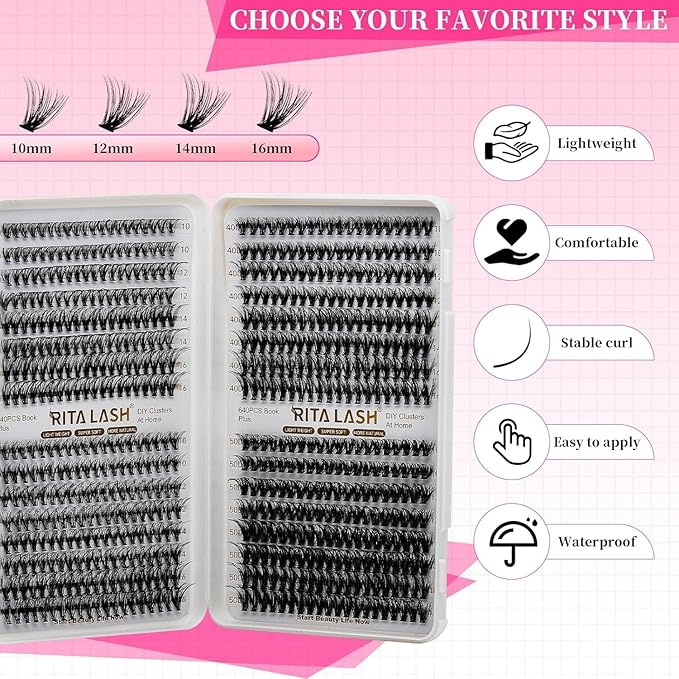 RITALASH Lash Clusters 640PCS 4 Style DIY Cluster Lashes Clusters Eyelash Extensions False Eyelashes Individual Lashes Wispy Lash Extension Natural Look(20D+30D+40D+50D Cluster Lashes,10-16mm)