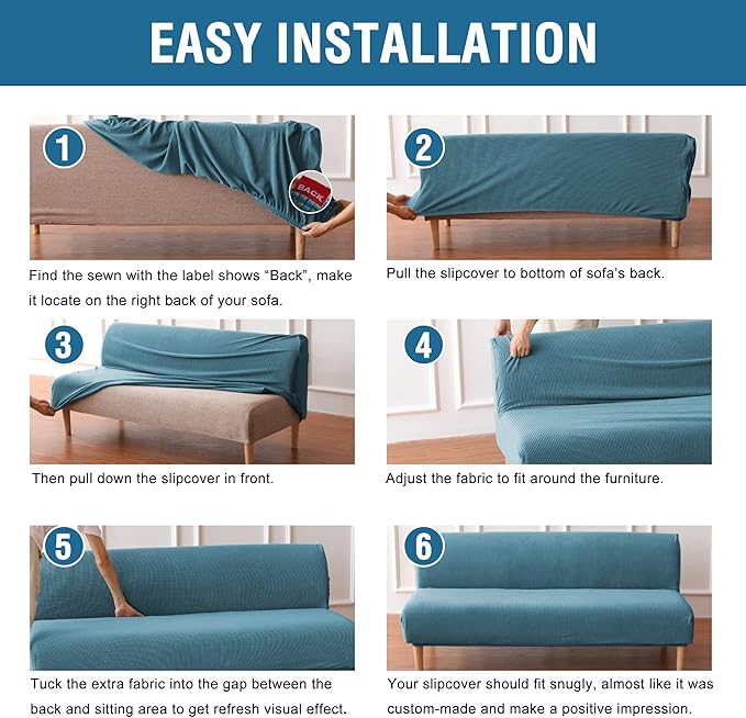 H.VERSAILTEX Armless Futon Cover Stretch Sofa Bed Slipcover Protector Elastic Feature Rich Textured High Spandex Small Checks Jacquard Fabric Futon Cover, Machine Washable, Storm Blue