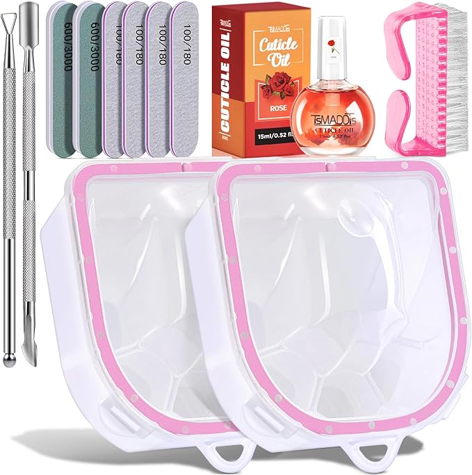 TsMADDTs Nail Polish Remover Kit with 2 pcs Nail Soaking Bowls Manicure Bowls for Hands, Cuticle Remover Tools, Cuticle Oil, Files, Buffers, Brush, Dip Removal Kit