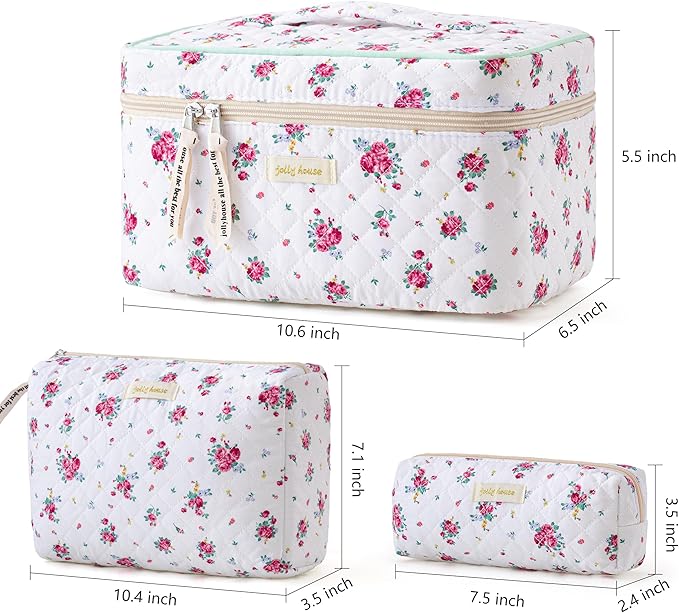 HBselect Quilted Makeup Bag, 3PCS Cotton Large Travel Makeup Bag, Cute Floral Coquette Make up Bag Cosmetic Bag Toiletry Bag for Women Girls