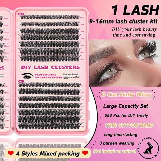 Lash Clusters Kit, 560 Pcs Eyelashes Clusters Kit 9-16mm Individual Lash Extension Kit D Curl Fluffy Wispy False Eyelashes (40D+50D+60D+80D, Lash Clusters)