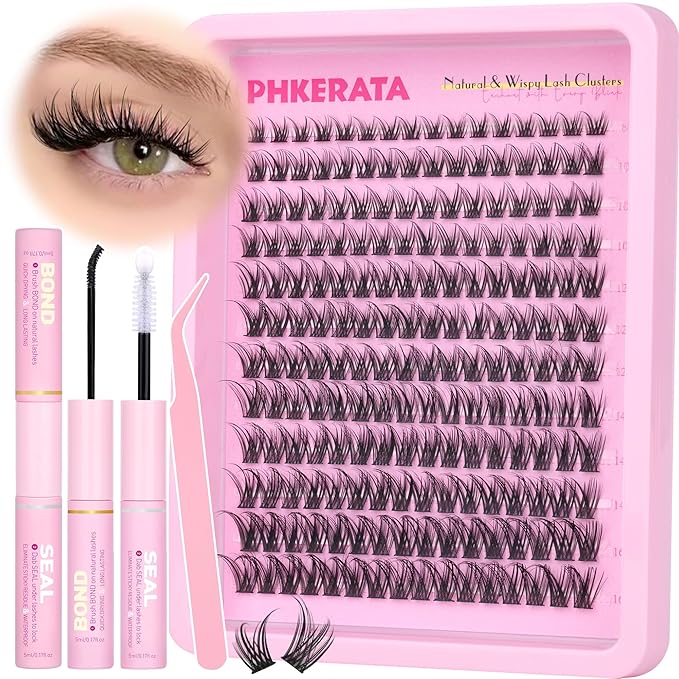 PHKERATA Wispy Lash Clusters Kit Natural Lash Extension Kit 192 pcs Cluster Eyelash Extension Kit DIY Individual Lashes Lashes with Lash Glue Bond and Seal Tweezers Soft Eyelash Clusters, 8-16 mm