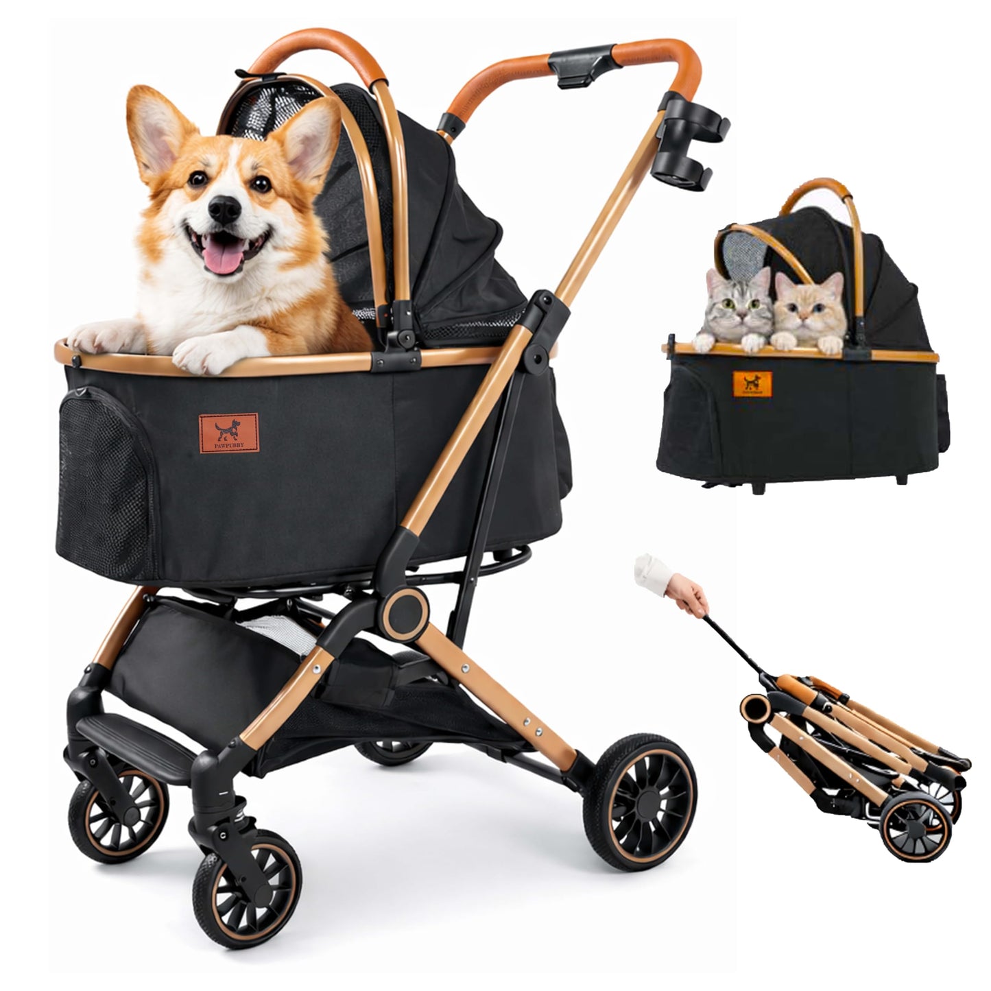 PAWPUBBY 6-in-1 Pet Stroller for Medium Dogs up to 50 lbs, Luxury Black & Gold Dog Stroller with Detachable Carrier, Foldable Travel Cat Stroller, Removable Pet Car Seat, 360° Rotating Wheels
