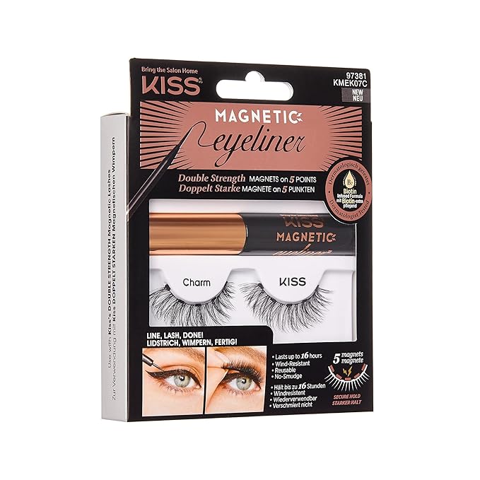 KISS Magnetic False Eyelashes and Eyeliner, ‘Charm’, 12mm, Easy to Apply, Reusable, No Glue, Flexible Band, Precision Felt Tip, Fortified Formula, 1 Pair Strip Lashes (Pack of 2)