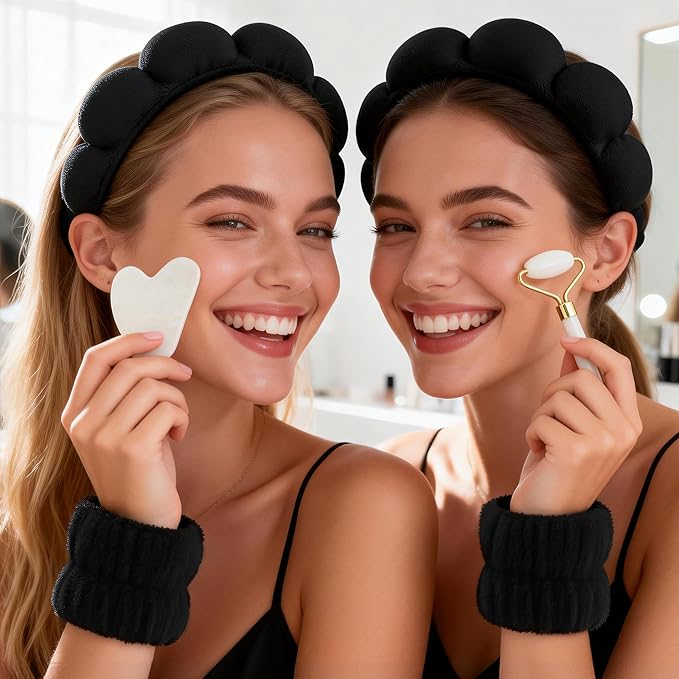 Real Perfection Spa Headband for Washing Face, Skincare Headband Wristband Set for Women, Reusable Machine-Washable Makeup Remover Towel Cloth, 1oz Small Spray Bottle with Travel Makeup Bag - Black