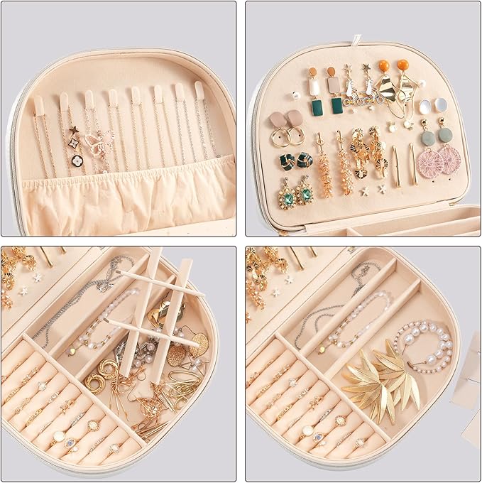 ProCase Travel Size Jewelry Box, Large Portable Seashell-Shaped Jewelry Case, 2 Layer Jewelry Organizer in PU Leather for Women -Silver