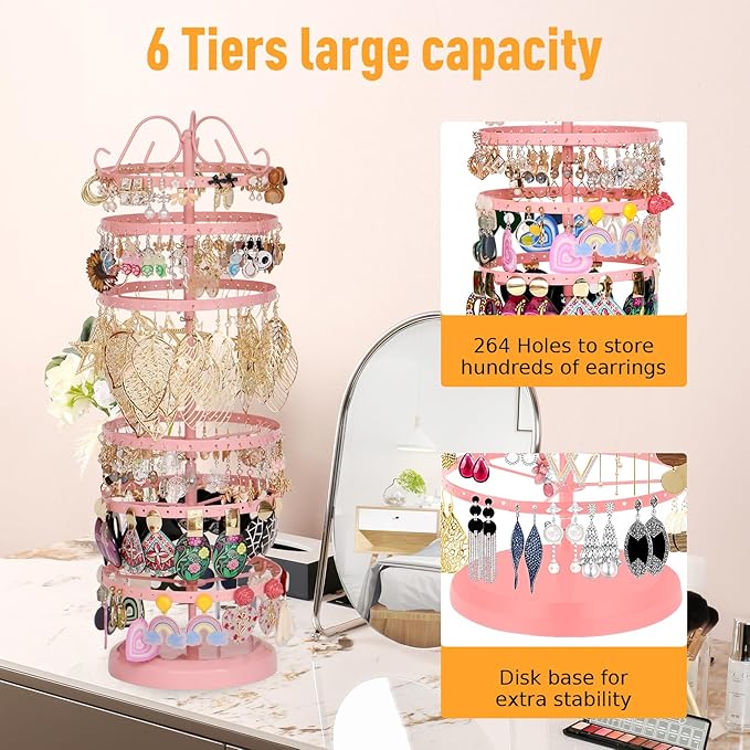 6 Tier Rotating Jewelry Organizer Stand, 230 Holes Earring Holder Organizer for Women Girls, Spinning Earring Tree with Ring Holder, Wide Base for Bracelets Watches Lipstick