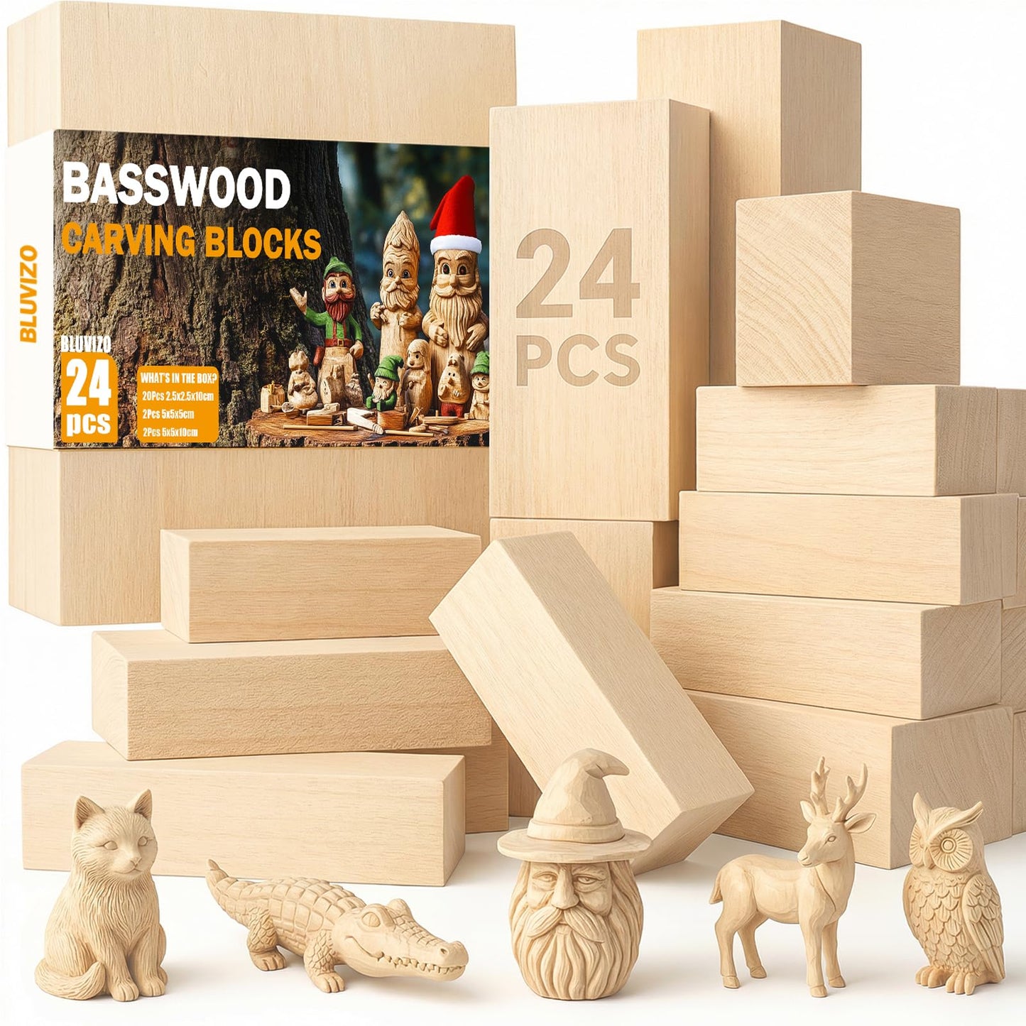 Basswood Carving Blocks 24PCS: Whittling Wood Blocks Wood Carving Kit with 3 Different Sizes - Soft Woodworking Blanks for DIY Crafts Beginners Adults