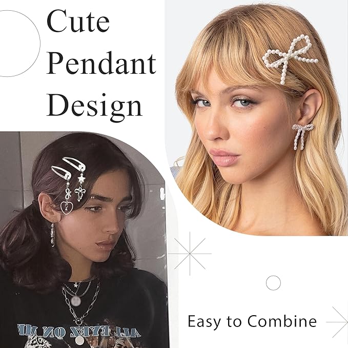 10PCS Y2K Hair Accessories Elegant Pearl Heart Hair Clips Satin White Small Hair Bows Metal Dangle Bowknot Barrettes for Hair