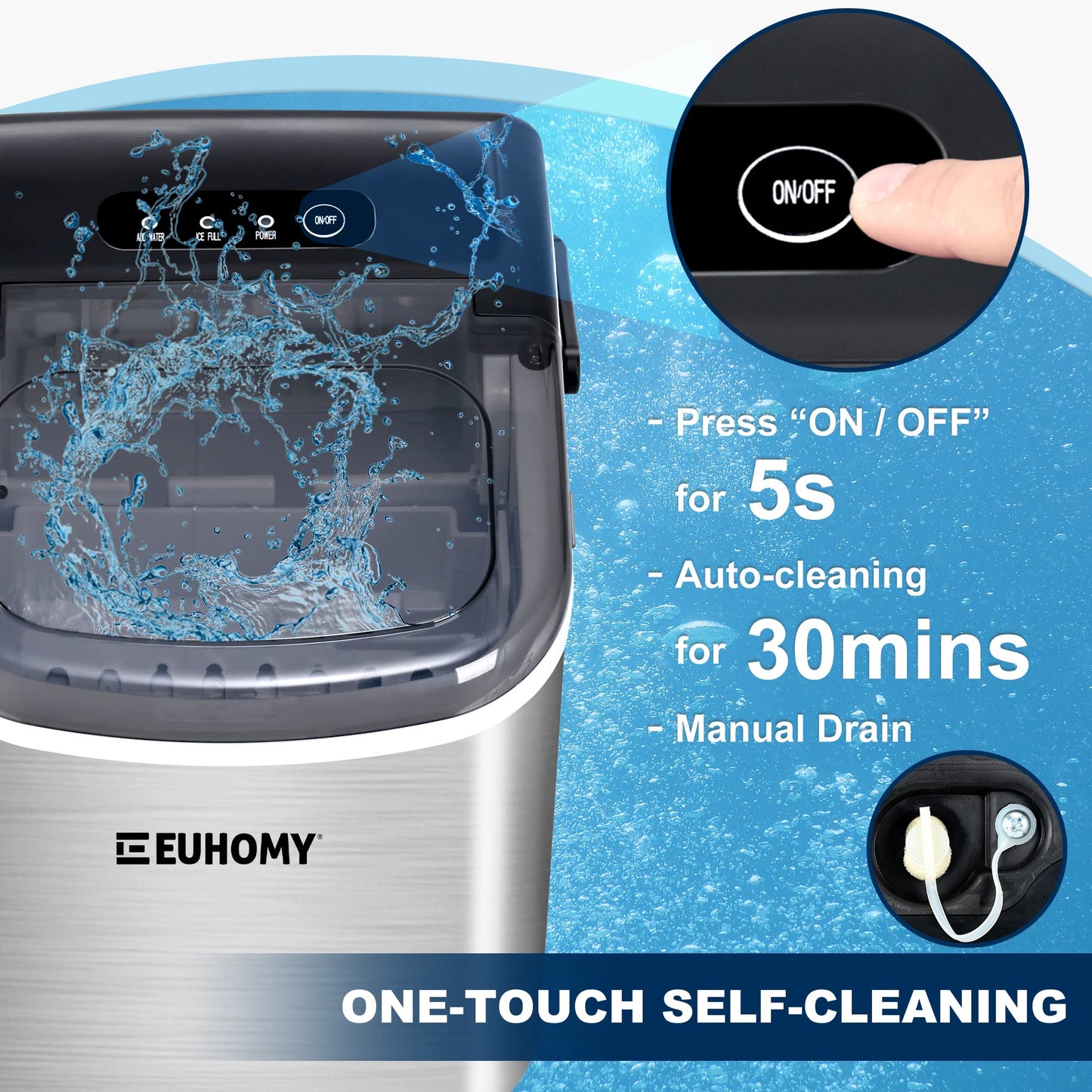 EUHOMY Ice Maker Machine Countertop with Handle, 26lbs/24H, 9 Bullet Ice Cubes Ready in 6 Mins, Auto-Cleaning, Portable Ice Maker with Basket and Scoop, for Home/Kitchen/Camping/RV. (Silver)