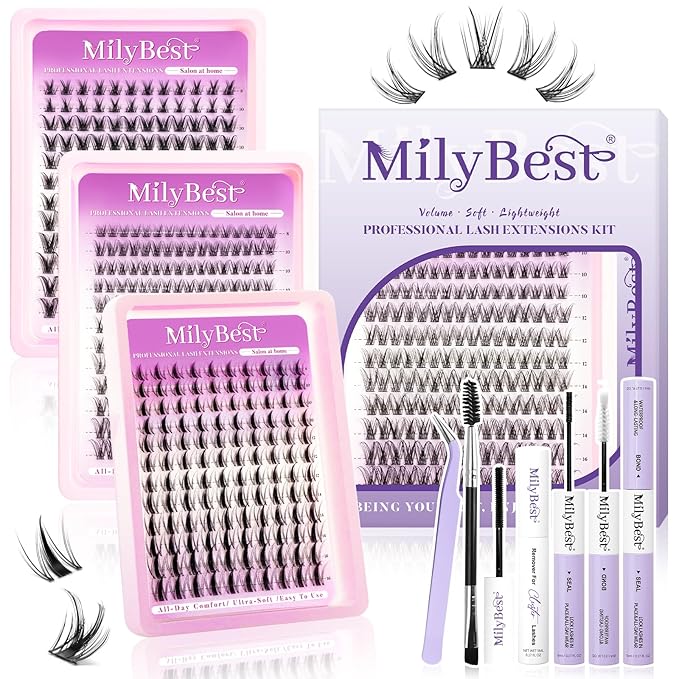 MilyBest Natural Lashes Clusters Lash Kit Fairy Eyelash Clusters with Bond&Seal 3 Styles Wispy 456Pcs Cluster Eyelash Extensions Kit Mixed C-Curl Individual Lash Clusters Thin Band DIY at Home Easily