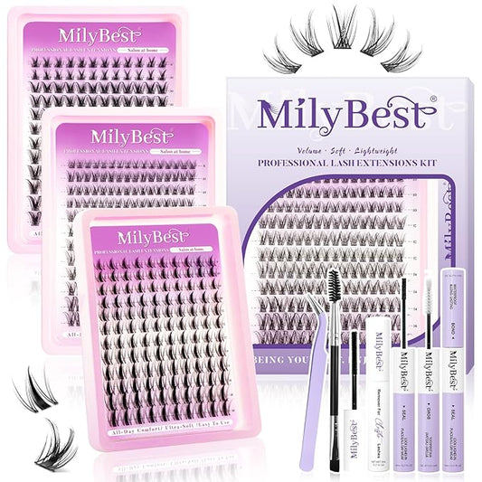 MilyBest Natural Lashes Clusters Lash Kit Fairy Eyelash Clusters with Bond&Seal 3 Styles Wispy 456Pcs Cluster Eyelash Extensions Kit Mixed C-Curl Individual Lash Clusters Thin Band DIY at Home Easily
