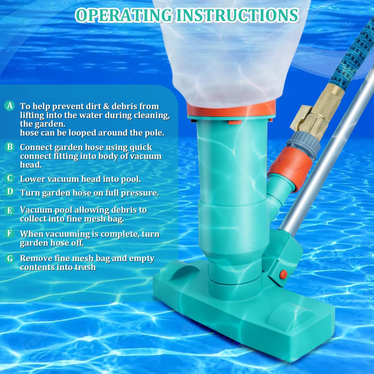 Premium Pool Vacuum Jet Underwater Cleaner, 3 Scrub Brushes, 2 Fine Mesh Bags, 6 Section Telescopic Pole of 56.5" and Handle - for Above Ground Pools,Spas & Ponds