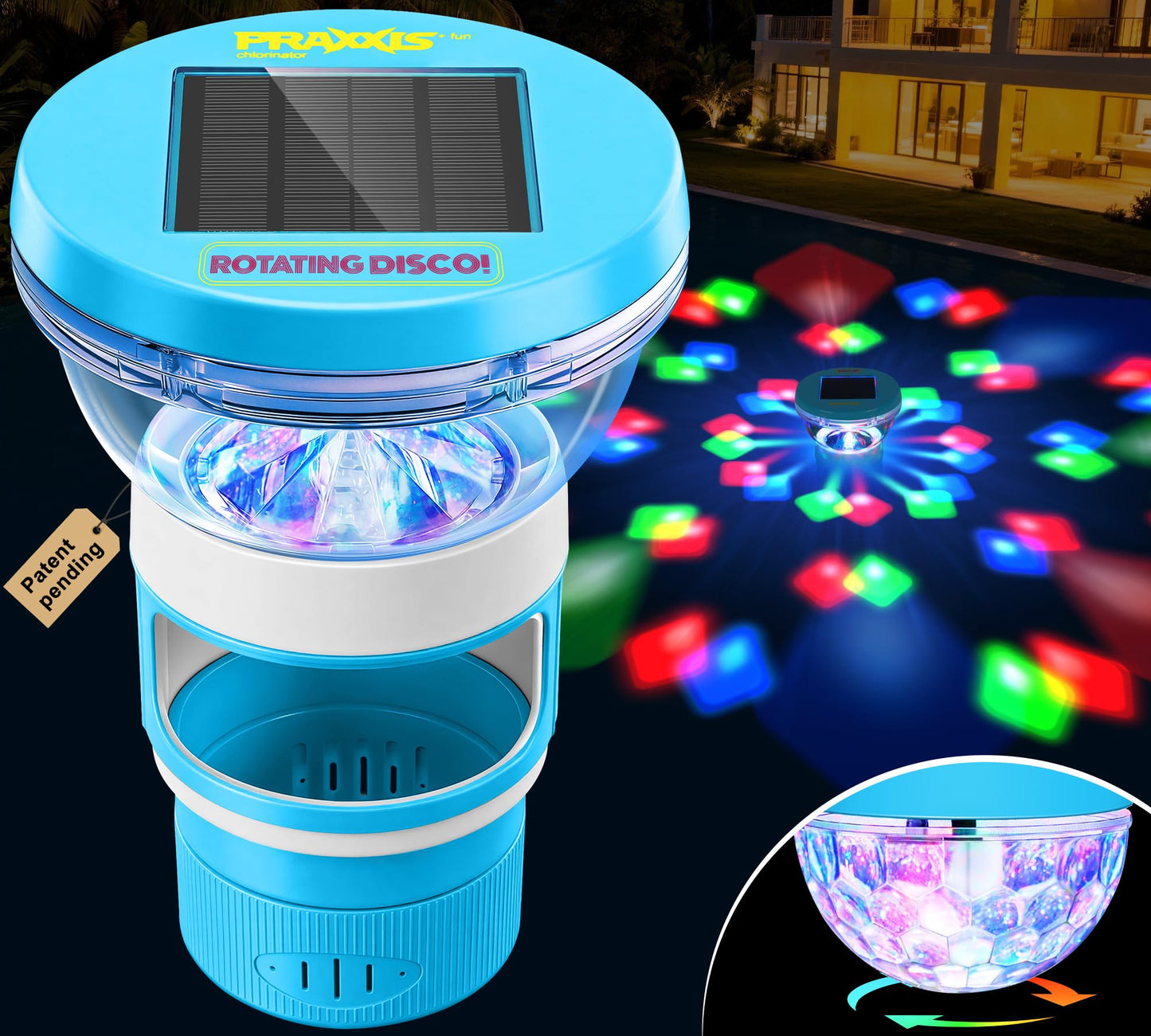 PRAXXIS Solar Chlorine Floater with Rotating Disco Light, Pool Chlorine Floater Adjustable Flow, Floating Chlorine Dispenser for Pool, Collapsible Chlorine Floater, Chlorine Floater for Hot Tub (Blue)