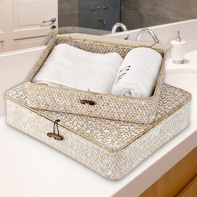 Hipiwe Set of 2 Flat Woven Wicker Storage Bins with Lid Natural Seagrass Basket Boxes Multipurpose Home Organizer Bins Boxes for Shelf Organizer (Whitewash)