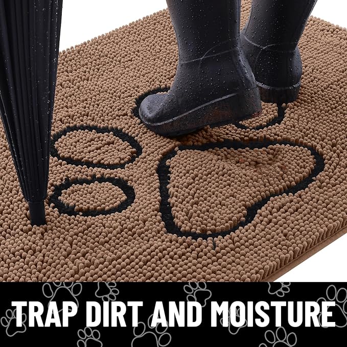 Smiry Dog Door Mat for Muddy Paws, Absorbent Dirt Trapper Non Slip Quick Dry Washable Chenille Mat for Mud Dogs, Entry Rug for Indoor and Outdoor (48x30 Inches, Coffee and Black)