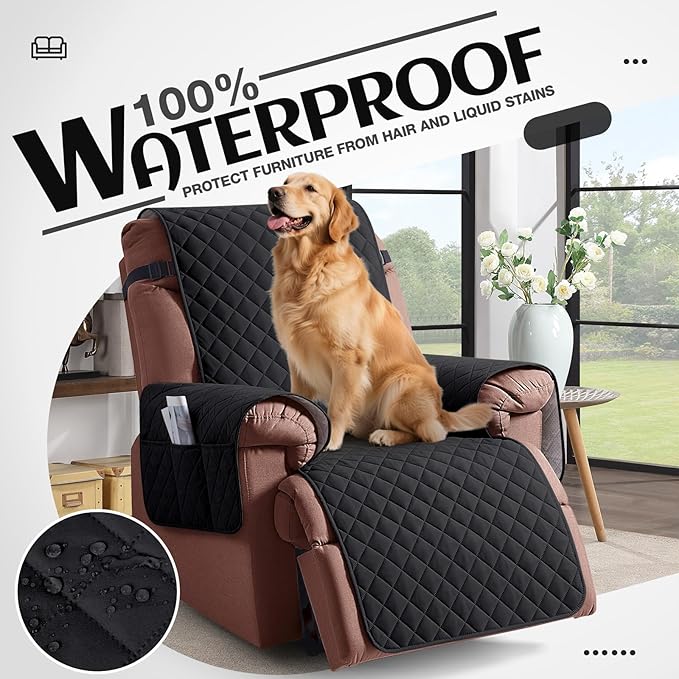 KinCam 100% Waterproof Recliner Chair Cover, Reclining Couch Covers for Pets, Dogs, Recliner Couch Slipcover Furniture Protector with Elastic Straps for Kids(23.6", Black)