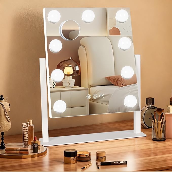Hollywood Vanity Mirror with Lights, 9 Dimmable Bulbs, 3 Color Lights,Make Up Lighted Mirror, 10x Magnification 360°Rotation (12" x 14") White