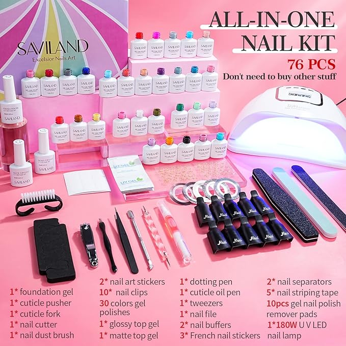 SAVILAND 76PCS Gel Nail Polish Kit with 180W(5X Faster) U V Light - Starter Kit 30 Colors Gel Polish Spring Summer Nude White Soak-Off U V LED Nail Gel with 180W LED Nail Lamp Starter Kit, Gel Glossy/Matte Gel for Home DIY Nail Salon, Gift for Women