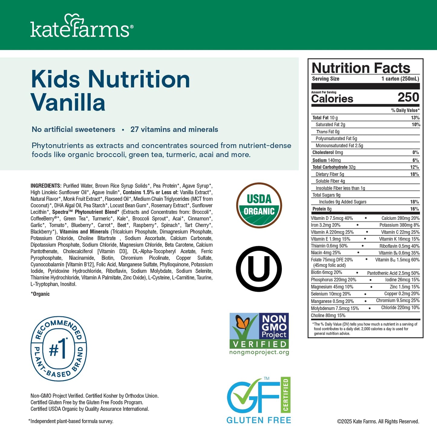 KATE FARMS Organic Kids Nutrition Vanilla Shake, 8g Protein, 27 Vitamins and Minerals, Meal Replacement, Gluten Free, Non-GMO, 8.45 oz (12 Pack)