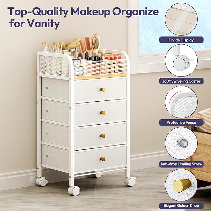 SWTYMIKI Rolling Makeup Organizer Cart - 14.96Ã¢ÂÂ³*11.81Ã¢ÂÂ³*27.55Ã¢ÂÂ³ Widened Under Desk Vanity Storage with 4 Non-woven Drawers, Cosmetic Display Cases for Skin Care Perfume Nail Polish Brush Hair Tool White