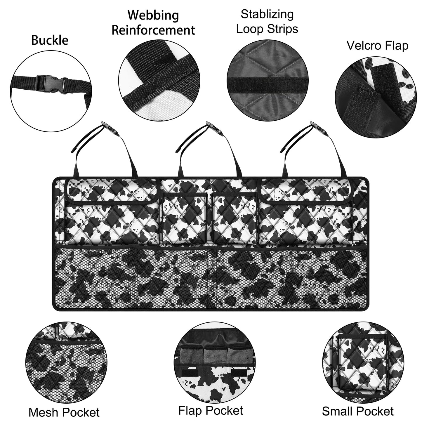 Femuar Car Trunk Organizer,Large Capacity Backseat Trunk Organizer(42"*18"),Collapsible Car Storage Bag with 8 Pocekt,SUV/MPV/Truck - Cow print