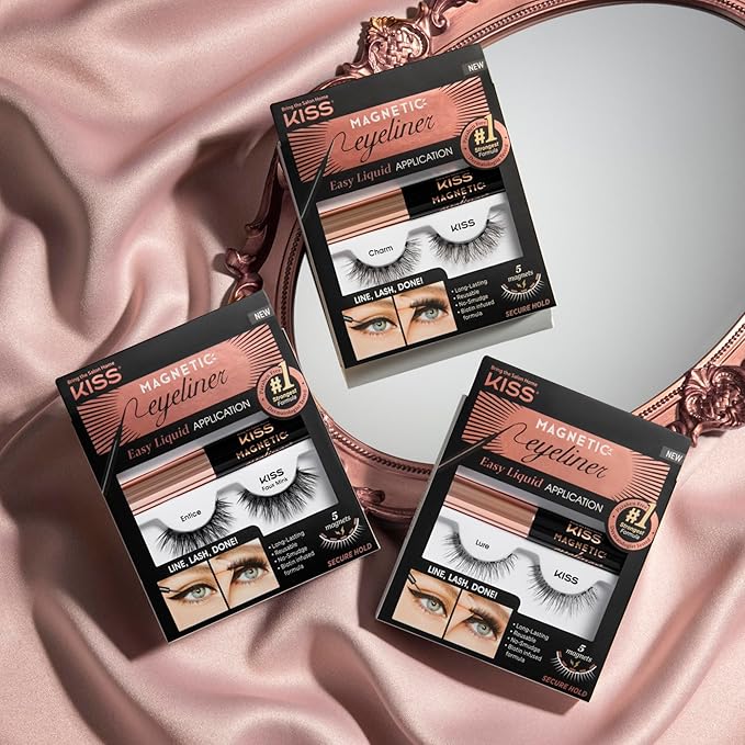 KISS Magnetic False Eyelashes and Eyeliner, ‘Charm’, 12mm, Easy to Apply, Reusable, No Glue, Flexible Band, Precision Felt Tip, Fortified Formula, 1 Pair Strip Lashes