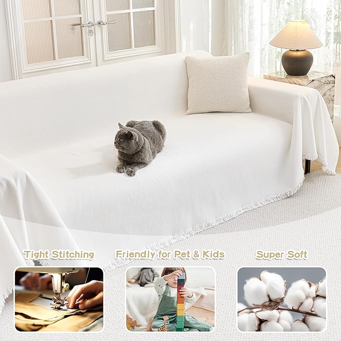 MYSKY HOME Couch Cover for Dogs Washable Couch Covers Couch Covers for Dogs Couch Cover 2 Cushion Sofa Non Slip Dogs Furniture Protector with Tassels Chenille Sofa Covers for Pets, 71"x102", White