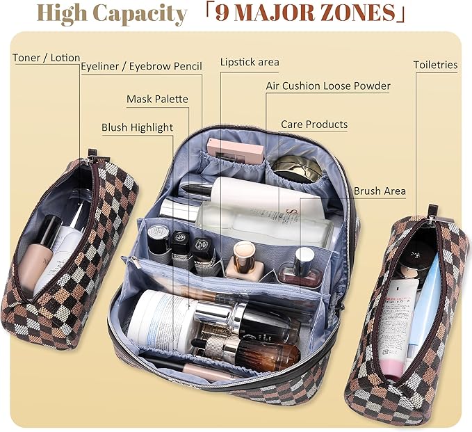 BOYATU Travel Makeup Bag Organizer Cosmetic Bag: 3 Pcs Set Make up Bags for Women with Handle - Waterproof Vegan Leather Toiletry Bag (01-H-Coffee)