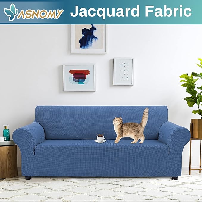 Asnomy Couch Covers for 3 Cushion Couch Stretch Sofa Covers Slipcovers, Pet Protector Furniture Covers for Dogs Cats Spandex Jacquard Fabric Small Checks（X-Large，River Blue）