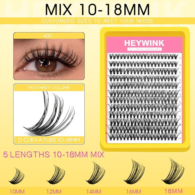 Lash Clusters Kit Eyelash Extension Kit Lash Clusters D 10-18mm Mix 40D Individual Lashes with Lash Bond and Seal and Remover Lash Applicator for Lash Extension Beginners(40D 10-18MM Kit)