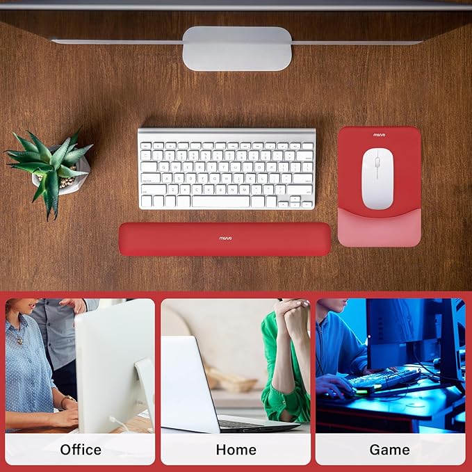 MOSISO Wrist Rest Support for Mouse Pad&Keyboard Set, Rectangular Ergonomic Mousepad Non-Slip Base Home/Office Pain Relief&Easy Typing Pad with Neoprene Cloth&Raised Silicone Lining, Red