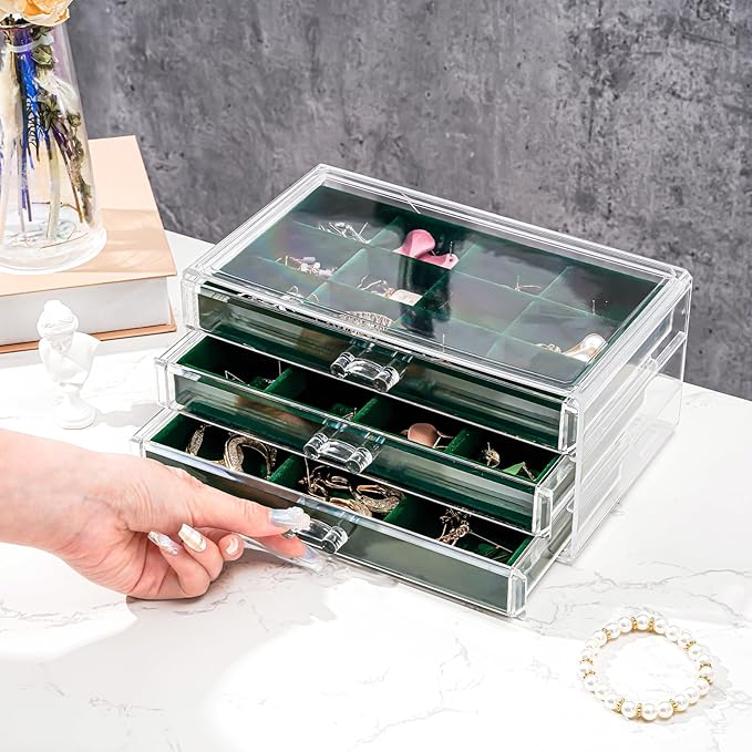 ProCase Earring Holder Organizer Jewelry Box with 3 Drawers, Acrylic Clear Earring Case with Adjustable Velvet Trays for Women - Emerald, 3 Layers