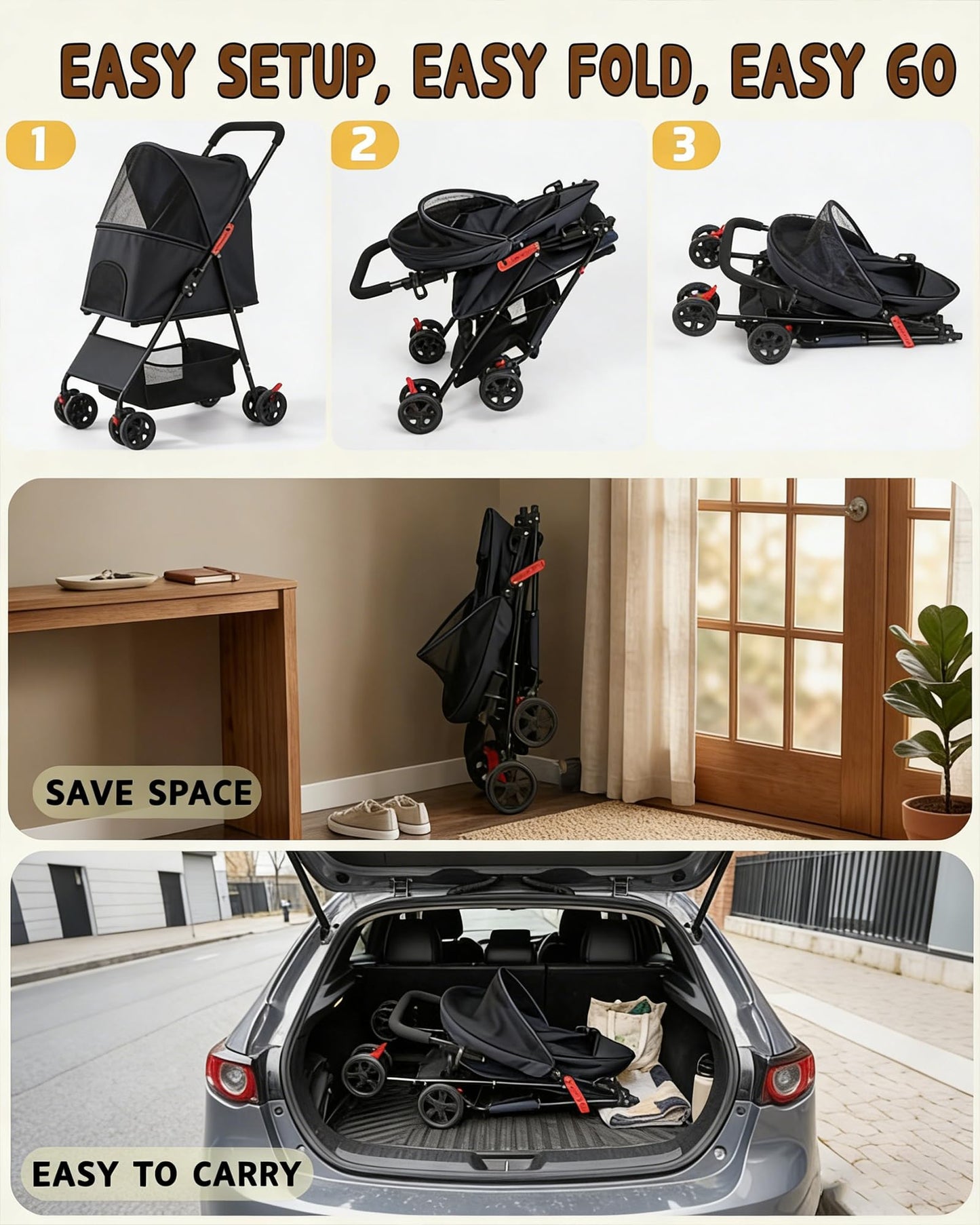 Pet Stroller for Small Medium Dogs Cats - Lightweight 10lbs Foldable Dog Stroller, Breathable Mesh & Safety Tether, 33lbs Capacity with Locking Wheels, Storage Basket for Outdoor Walks-Black