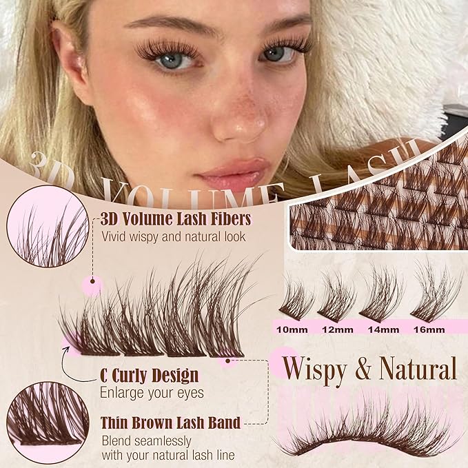 Brown Lash Clusters Kit Wispy Lash Extension Kit Natural Cluster Eyelash Extensions C Curly Individual Lashes 10-16mm Eyelash Extension Kit with Lash Bond and Seal Lash Remover by Lanflower