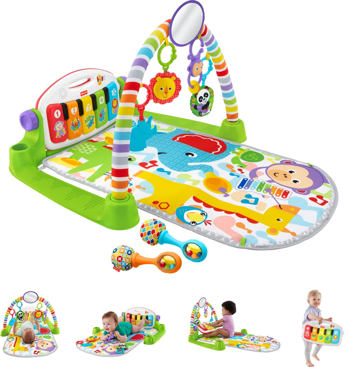 Fisher-Price Baby Playmat Deluxe Kick & Play Piano Gym for Learning & 2 Maracas Soft Rattles for Newborn to Toddler Play Ages 0+ Months