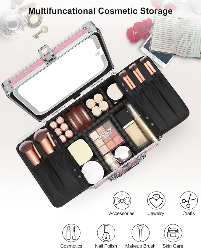 Relavel Makeup Bag with LED Mirror, Cute Makeup Box Travel Train Case with Rechargeable Lighted Mirror, Cosmetic Brush Organizer Storage for Makeup Artists Gifts for Women and Girls, Pink