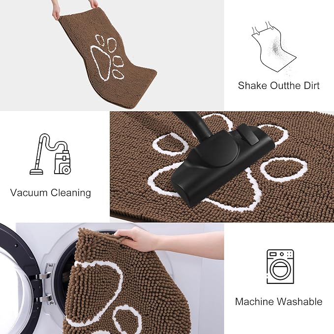 Smiry Dog Door Mat for Muddy Paws, Absorbent Dirt Trapper Non Slip Quick Dry Washable Chenille Mat for Mud Dogs, Entry Rug for Indoor and Outdoor (48x30 Inches, Coffee and White)