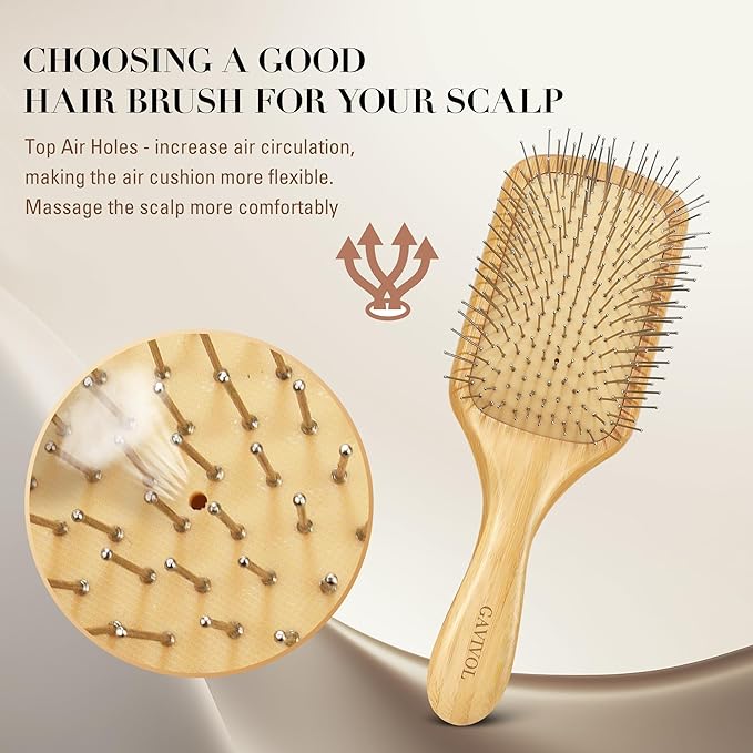 Bamboo Hair Brush for Men & Women Ã¢ÂÂ Natural Scalp Massager with Steel Bristles, Promotes Hair Growth, Anti-Static & Travel-Friendly, Wet Brush & Detangler (Kids/Adults)