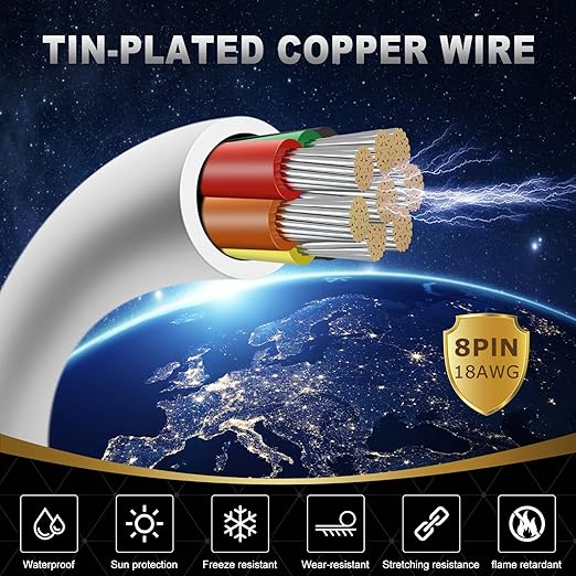 18 Gauge 8 Conductor Electrical Wire, 16.4FT White Stranded Low Voltage 18/8 PVC Case, 18 AWG Tinned Copper 8 Wire Extension Power for Strips LED Lamp Lighting